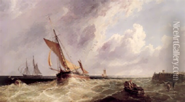 Fishing Boat In Choppy Seas Oil Painting - James E. Meadows
