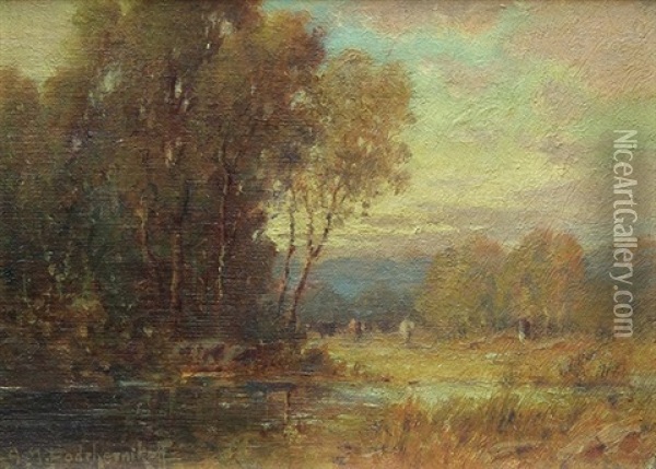Cattle Grazing At Sunset Oil Painting - Alexis Matthew Podchernikoff