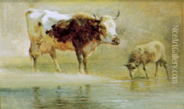 Tiere Am Bachufer Oil Painting - Edmund Mahlknecht
