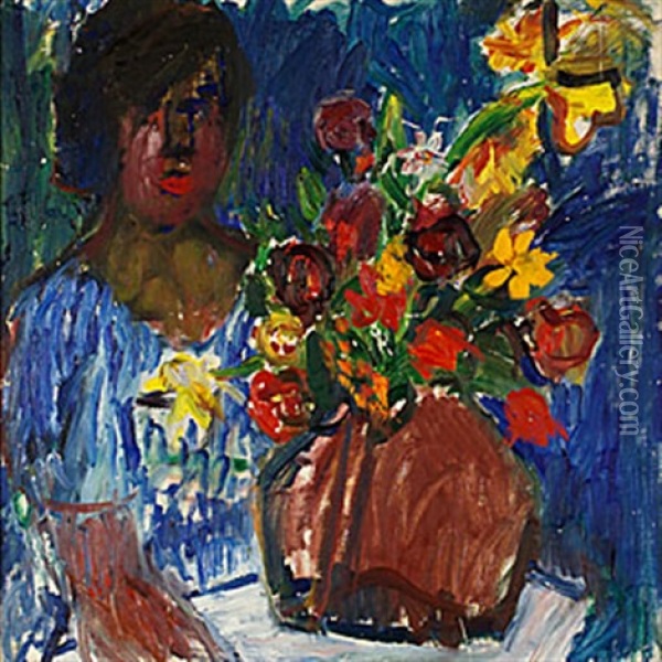 Kvinna Vid Blomster Oil Painting - Ivan Ivarson