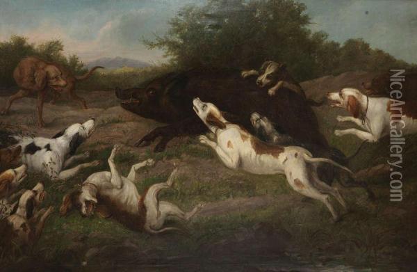 Jachttafereel Met Honden En Everzwijn. Oil Painting - Paul de Vos