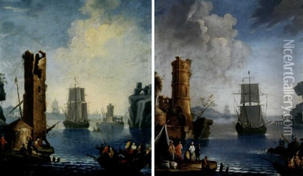 Marine Con Barche, Figure, Mercanti Abbigliati All'orientale E Rovine (pair) Oil Painting - Pietro Antoniani