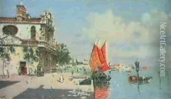 Sailboats On A Venetian Canal Oil Painting - Antonio Maria de Reyna Manescau