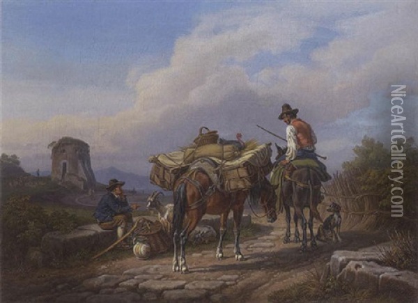 Italienischer Bauer Mit Bepacktem Pferd Auf Einem Feldweg, Im Hintergrund Turmruine Oil Painting - Johann Adam Klein