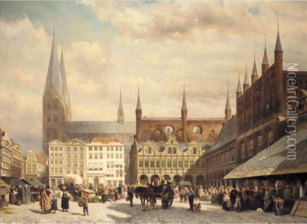 View Of Lubeck Market Oil Painting - Cornelis Springer