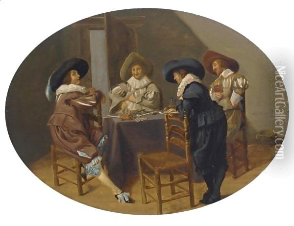 An Elegant Company Smoking And Drinking In An Interior Oil Painting - Dirck Hals
