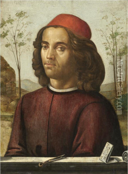Portrait Of A Gentleman, Head And Shoulders, Wearing A Crimson Tunic, With A Pair Of Dividers On A Stone Ledge Oil Painting - Ridolfi Domenico Di Ghirlandaio