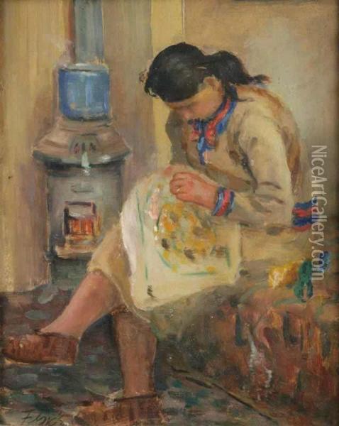 A Girl At Embroidery Oil Painting - Stanislav Feikl