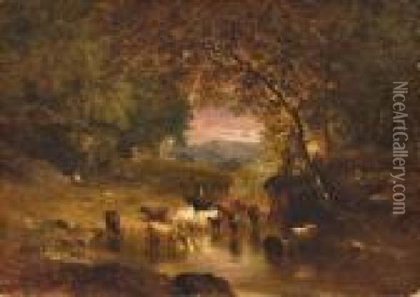 Landscape With Cattle And Drover By A Stream Oil Painting - George Inness