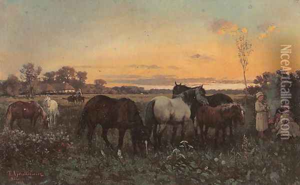 Grazing Horses Oil Painting - Thaddaus von Ajdukiewicz