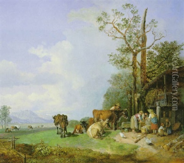 Oberbayerische Landschaft Mit Bauernhaus Und Vieh Oil Painting - Heinrich Buerkel
