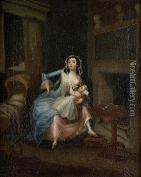 Lady Feeding Her Child In An Interior Oil Painting - William Jones