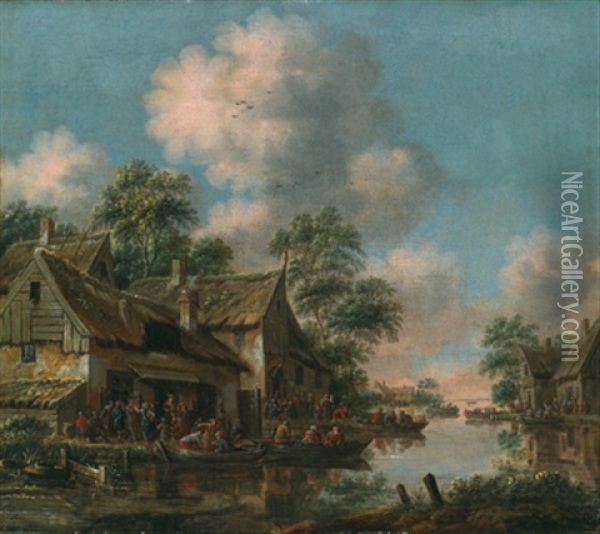 Flusslandschaft Mit Ablegenden Kahnen In Einem Dorf Oil Painting - Thomas Heeremans