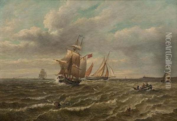Fishing Vessels At Sea Oil Painting - John Moore Of Ipswich