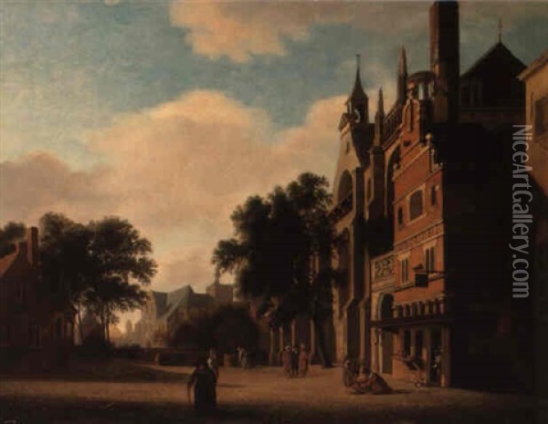 A Town Square With Townsfolk Oil Painting - Jan Van Der Heyden