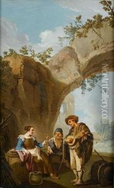 A Young Woman Holding A Glass Of
 Wine With Twocompanions Making Music Before A Stone Arch; And A Young 
Peasantwoman With Her Child And Other Peasants Seated At The Foot Of 
Atree Oil Painting - Paolo Monaldi