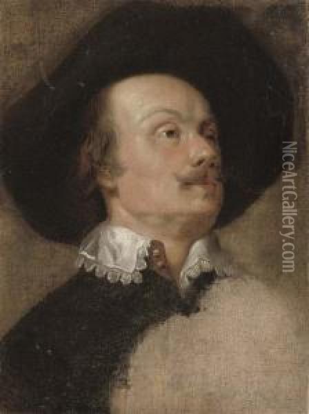 Portrait Of A Gentleman, Bust-length, In A Black Hat Oil Painting - Gonzales Cocques