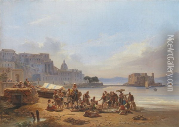 Ihren Fang Feilbietende Fischer Vor Neapel Mit Castel Dell'ovo Oil Painting - Alphee De Regny