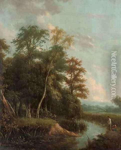 Anglers on a river bank in an evening landscape Oil Painting - George Augustus Williams