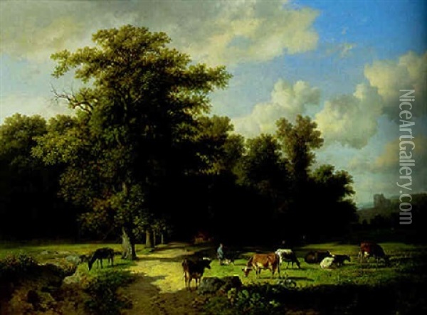 Cattle Grazing In A Wooded Landscape Oil Painting - Louis Robbe