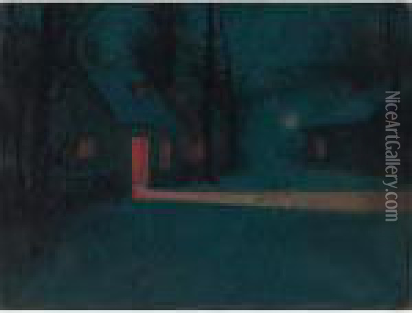 Cabins At Night Oil Painting - Svend Rasmussen Svendsen