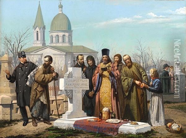 Commemorative Feast At The Cemetery In The Week Of St. Thomas Oil Painting - Matvei Prokof Evich Ponomarenko