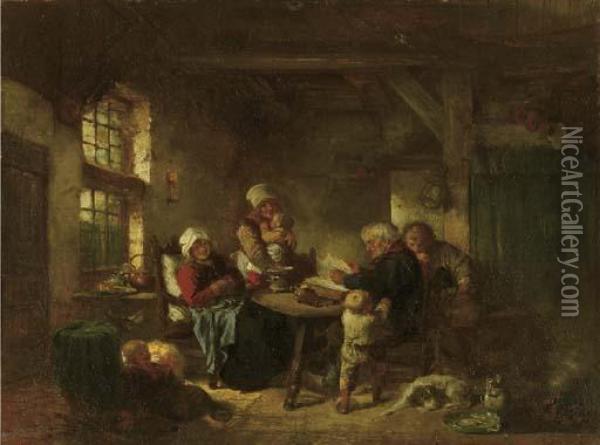 Reading Time: A Family From Marken In An Interior Oil Painting - Herman Frederik Carel ten Kate