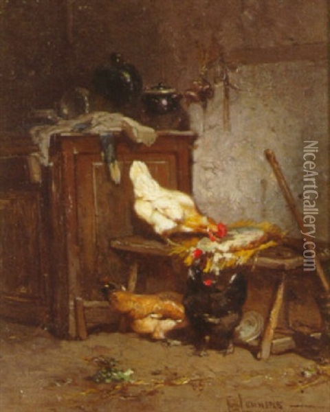 L'interieur Aux Poules Oil Painting - Theophile Victor Emile Lemmens