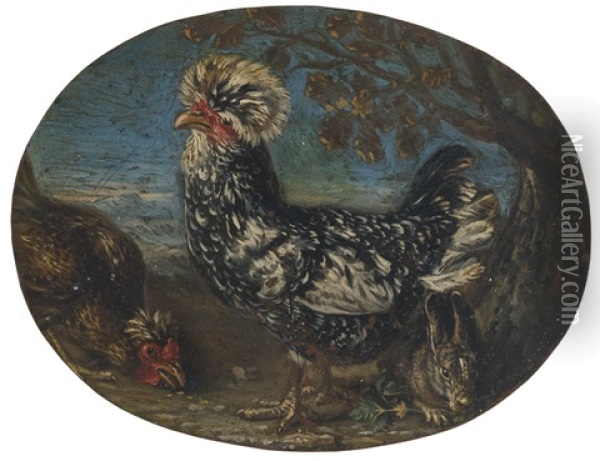 Roosters And A Rabbit In A Landscape Oil Painting - David de Coninck