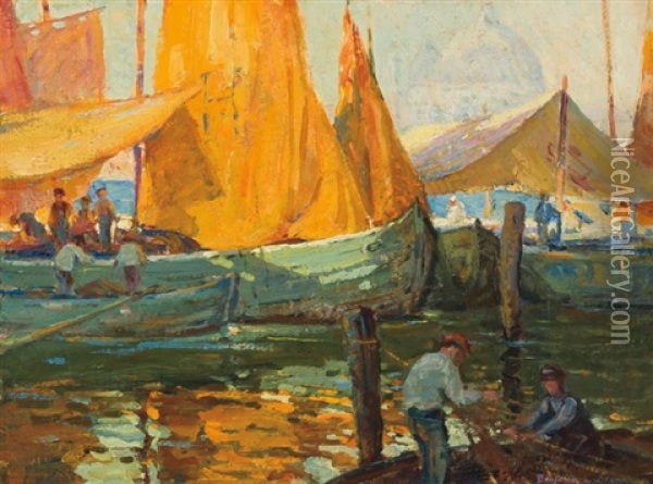 At The Dock Oil Painting - Benjamin Chambers Brown