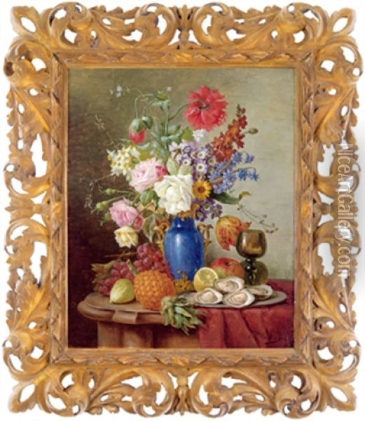 Blumenstuck In Blauer Vase Mit Ananas, Weintrauben Und Anderen Fruchten Oil Painting - Franz Hohenberger