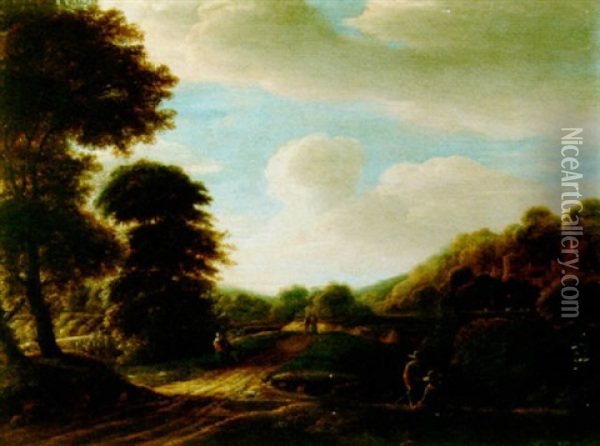 A Wooded Landscape With Travellers In A Path, And A Village Beyond Oil Painting - Godaert Kamper