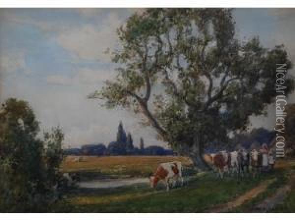 'afternoon Near Shotwick' And 'milking Time Oil Painting - J.W. Millikin