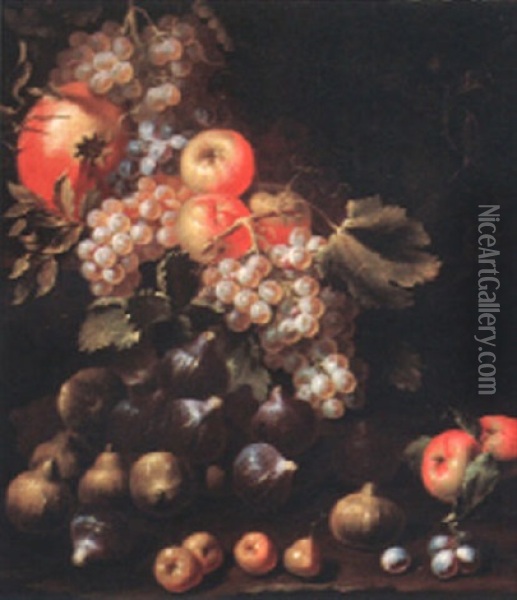 Still Life Of Grapes, Apples, Figs And Other Fruits On A Stone Ledge Oil Painting - Michelangelo di Campidoglio
