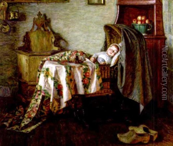 A Sleeping Baby In A Cradle Oil Painting - Hermann Knopf