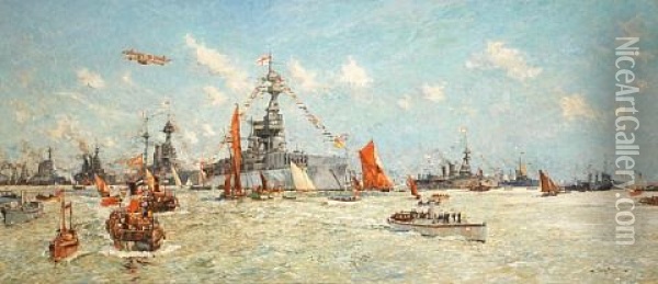 The Aircraft Carrier H.m.s. 'furious' Surrounded By Other Ships Of The Fleet And Civilian Craft Of All Kinds Enjoying The Peace Review Off Southend Oil Painting - Charles Edward Dixon