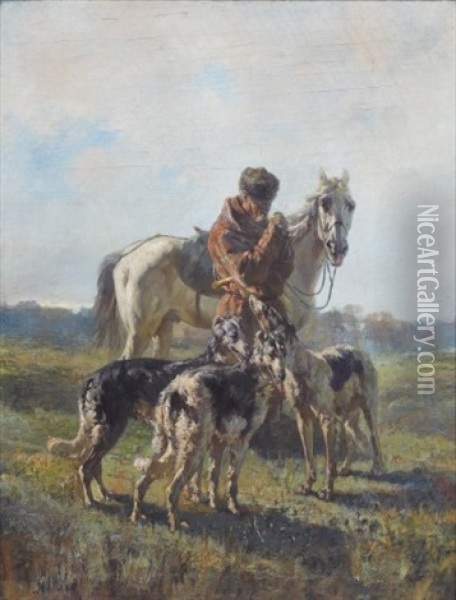 Dismounted Hunter With Dogs Oil Painting - Rudolf Feodorovich Frentz