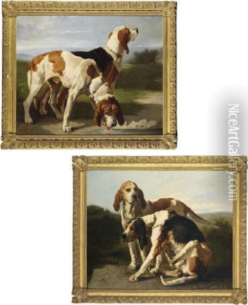 Two Tethered Hounds, One 
Drinking Water, In A Landscape; And Two Tethered Hounds, One Sitting, In
 A Landscape Oil Painting - Constant Troyon