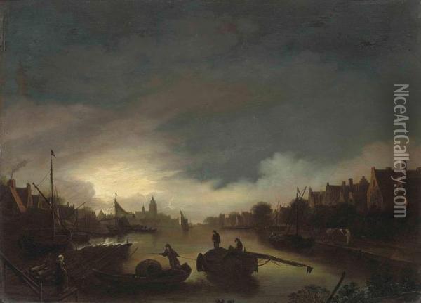 A Moonlit River Landscape With Figures At A Ferry Crossing Oil Painting - Aert van der Neer