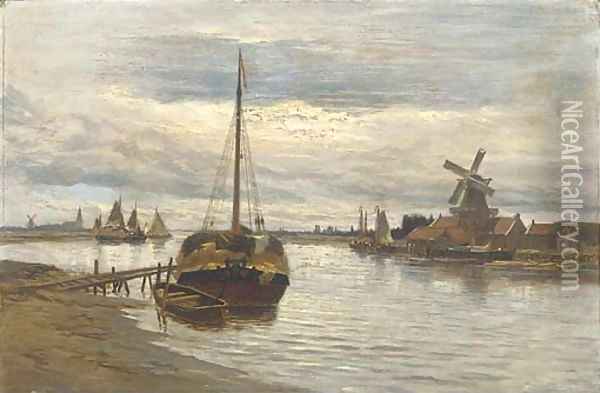 Barges on a lowland estuary Oil Painting - Dutch School