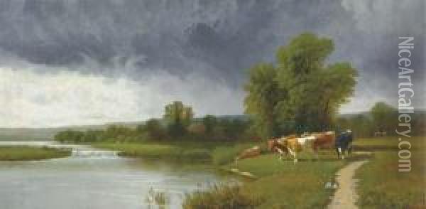 Cattle Grazing By A River Oil Painting - Clinton Loveridge