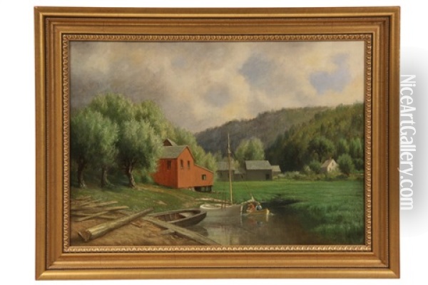 Connecticut Farm With Boats In River Oil Painting - George E. Candee