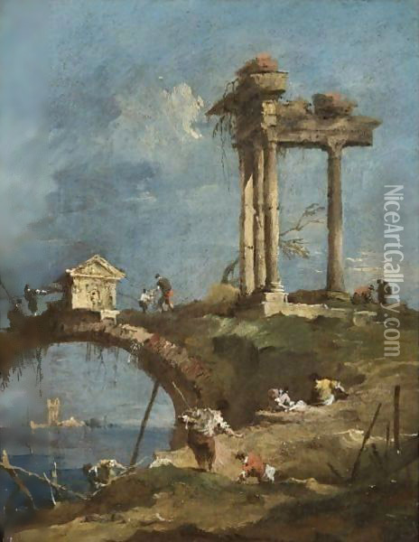 A Capriccio View Of A Ruined Temple Near A Bridge, Figures On The River Bank In The Foreground Oil Painting - Francesco Guardi