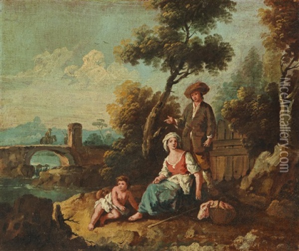 A River Landscape With Shepherds Oil Painting - Giuseppe Zais