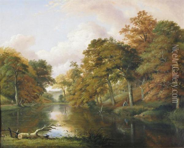 On The River Bank Oil Painting - W. Cartwright