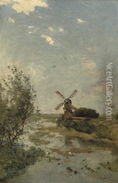 Kortenhoef: Mills And Willows Along A Ditch Oil Painting - Paul Joseph Constantin Gabriel