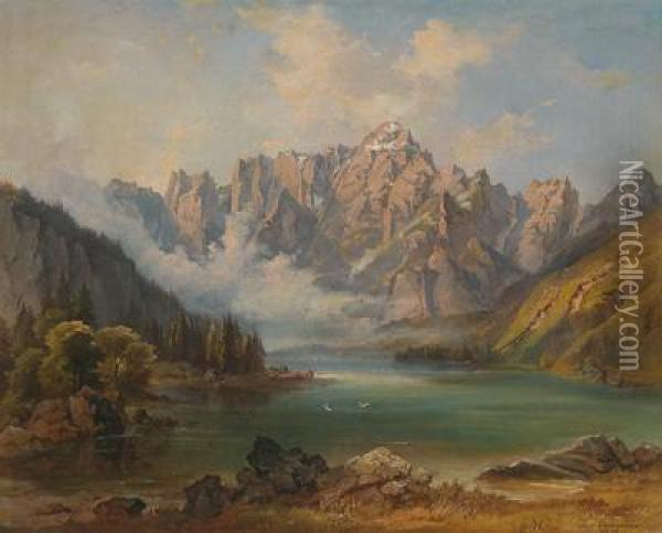 Der Weissenfeldersee Mit Blick Auf Den Mangart Oil Painting - Jacob Canciani