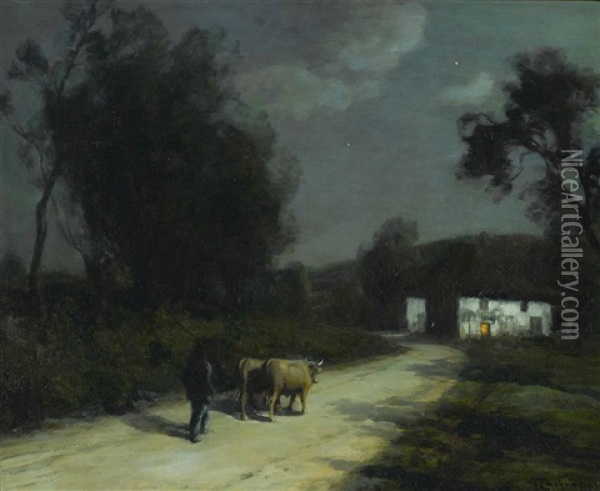 A Figure Herding A Pair Of Oxen By Moonlight Oil Painting - Francois Charles Cachoud