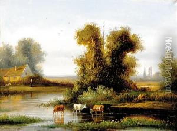 Cattle In Stream Oil Painting - Germain Postelle