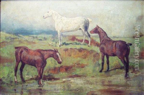 Three Horses In A Landscape Oil Painting - Edwin Frederick Holt